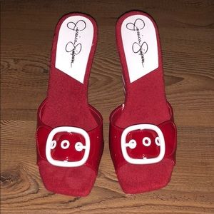 Jessica Simpson red and white wedges with buckle